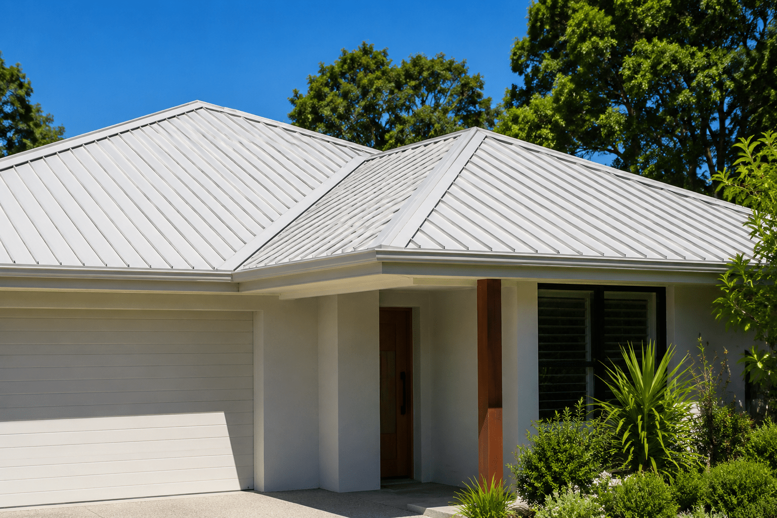 Light-coloured Colorbond steel roof on a modern Australian home in summer