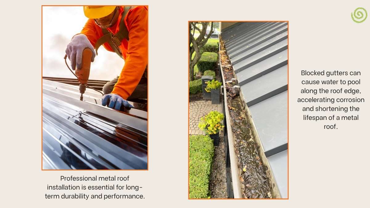 Metal roof installation and a blocked gutter filled with leaves, showing common factors that affect a metal roof's lifespan