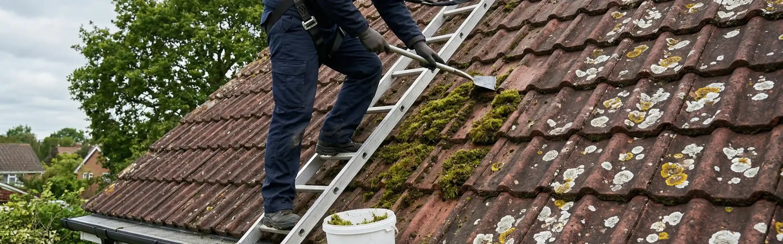 Moss growing across tiled roof surfaces on a Melbourne home, indicating moisture retention and the need for roof restoration.