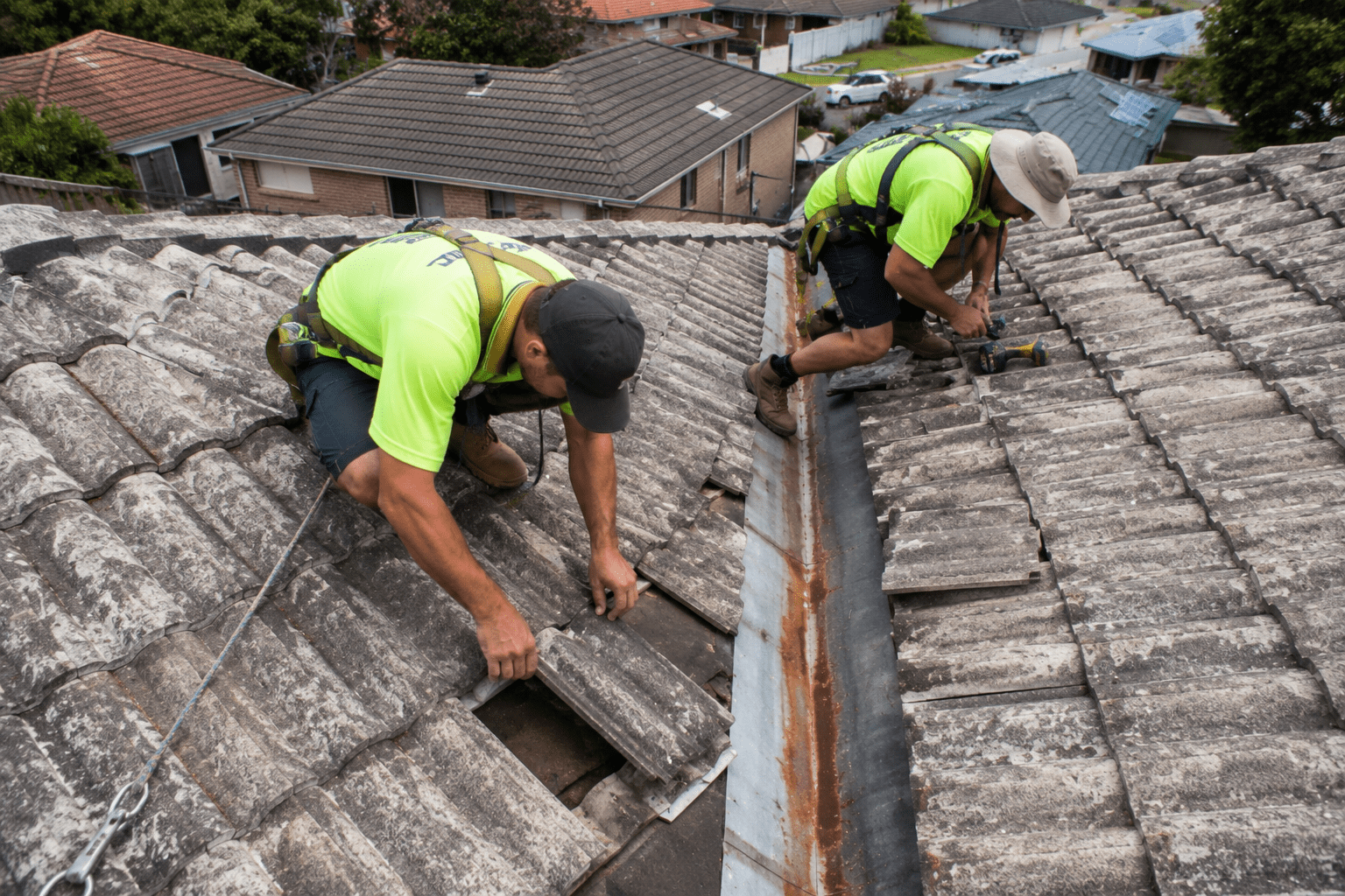 Professional roofers replacing cracked roof tiles and repairing rusted valley iron before applying a roof restoration coating
