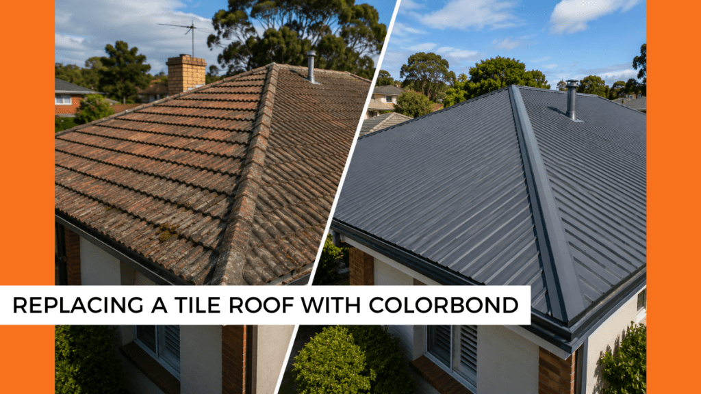 Before and after comparison of an ageing concrete tile roof replaced with a modern Colorbond steel roof on a Melbourne home
