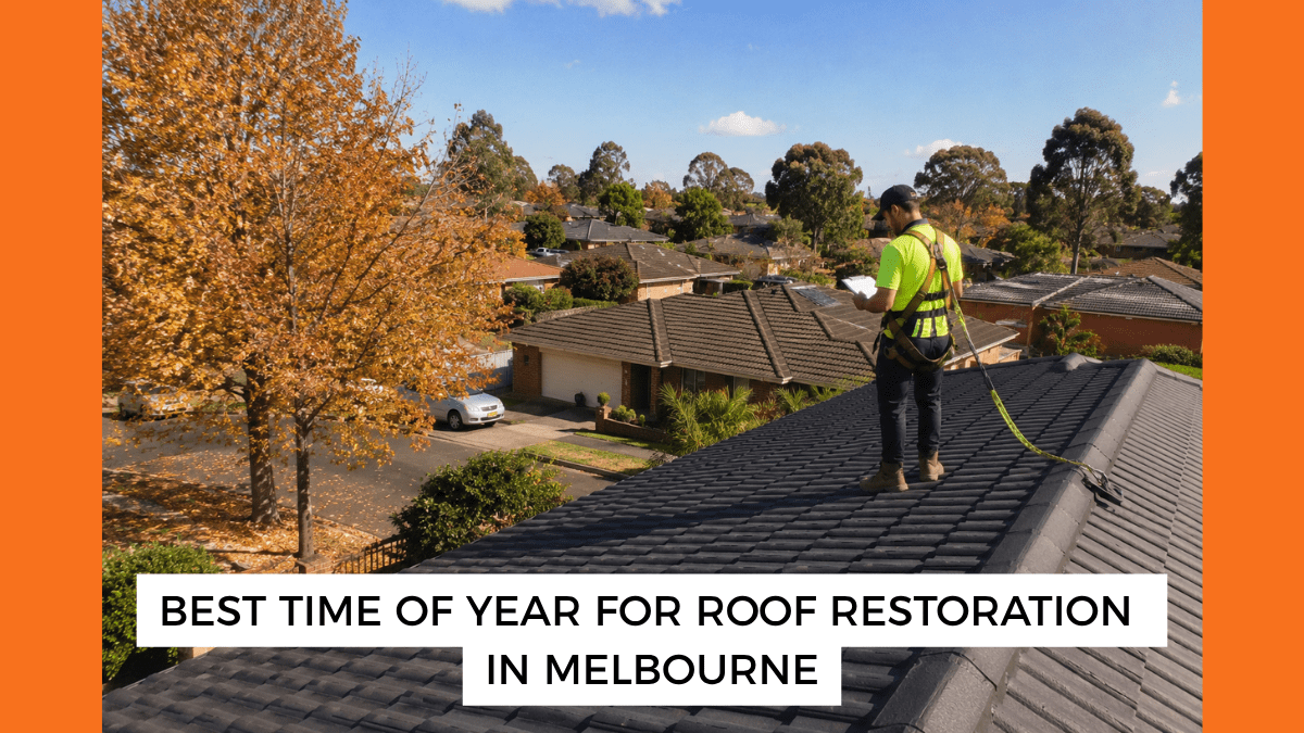 Professional roofer inspecting a newly restored tiled roof during Melbourne's ideal autumn weather for roof restoration