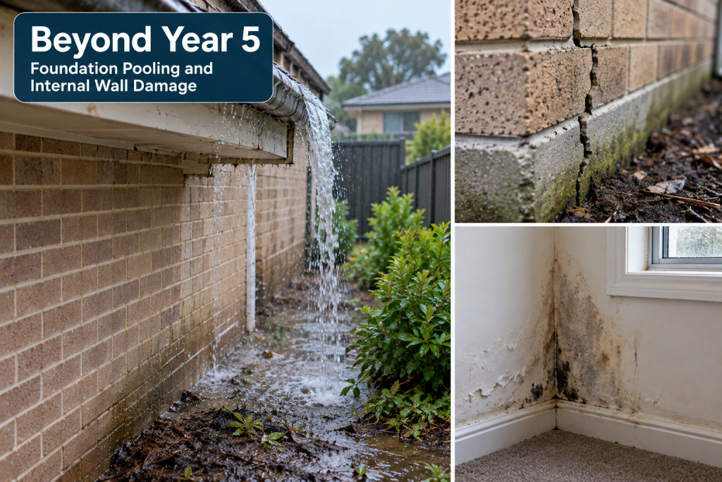 long term gutter neglect causing foundation pooling wall cracks and internal damp