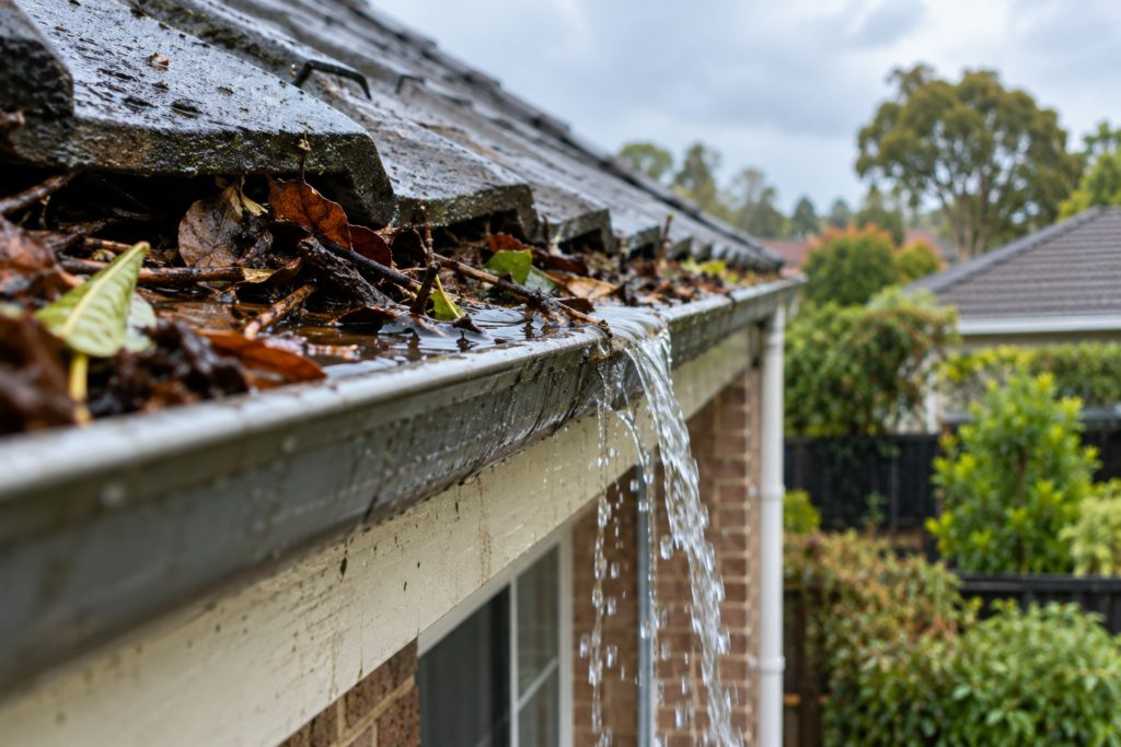 blocked gutter overflowing with rainwater and wet leaves