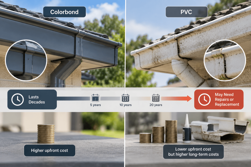 Realistic split-screen graphic comparing Colorbond and PVC gutters over 20 years, showing durability, maintenance needs and long-term cost differences.