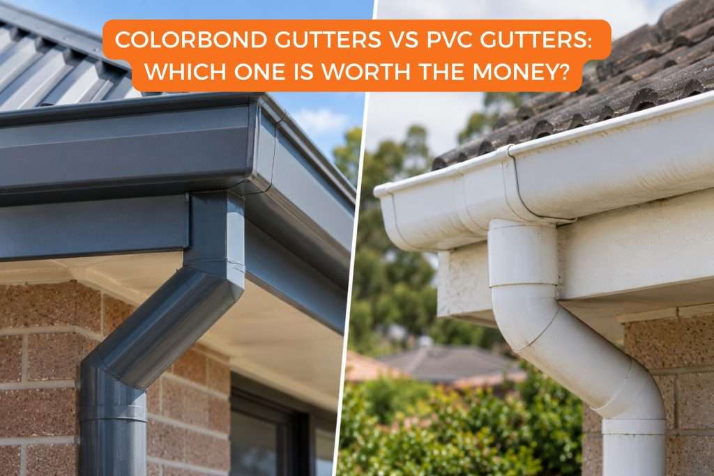 Realistic split-screen comparison of Colorbond steel and PVC gutter systems on Melbourne suburban homes.