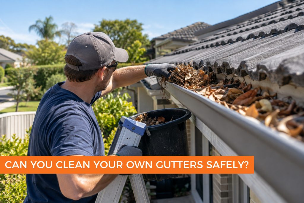 homeowner cleaning roof gutters with a ladder