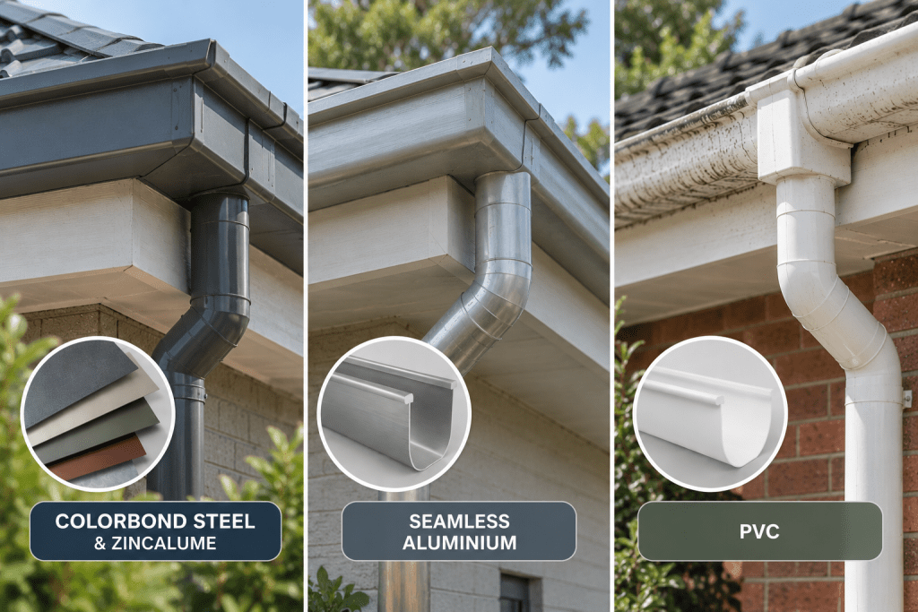 Realistic comparison of Colorbond steel, seamless aluminium and PVC gutters on residential homes