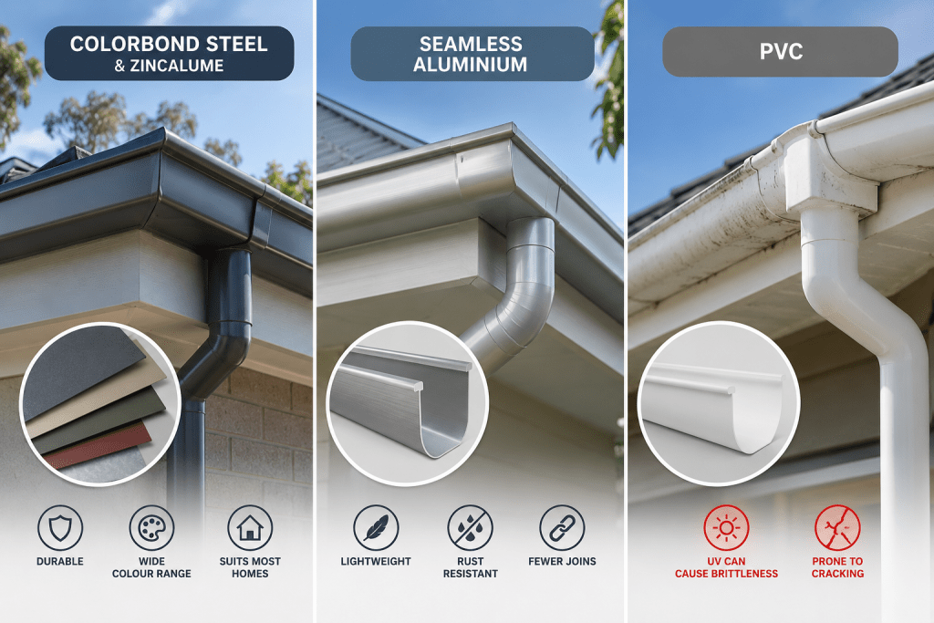 Comparison of Colorbond steel, seamless aluminium and PVC gutter materials for Melbourne homes