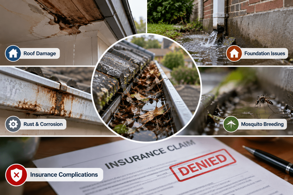 Neglected gutters on a Melbourne home showing water overflow, rust and moisture damage after heavy rain.
