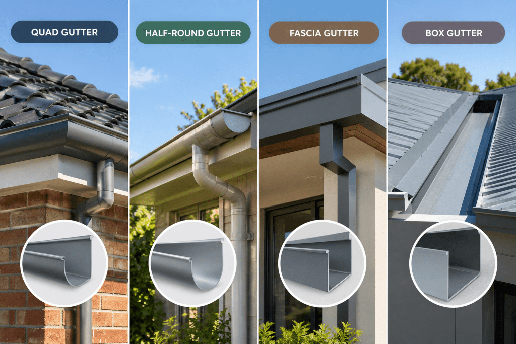 Graphic comparing quad, half-round, fascia and box gutter profiles for Melbourne homes.