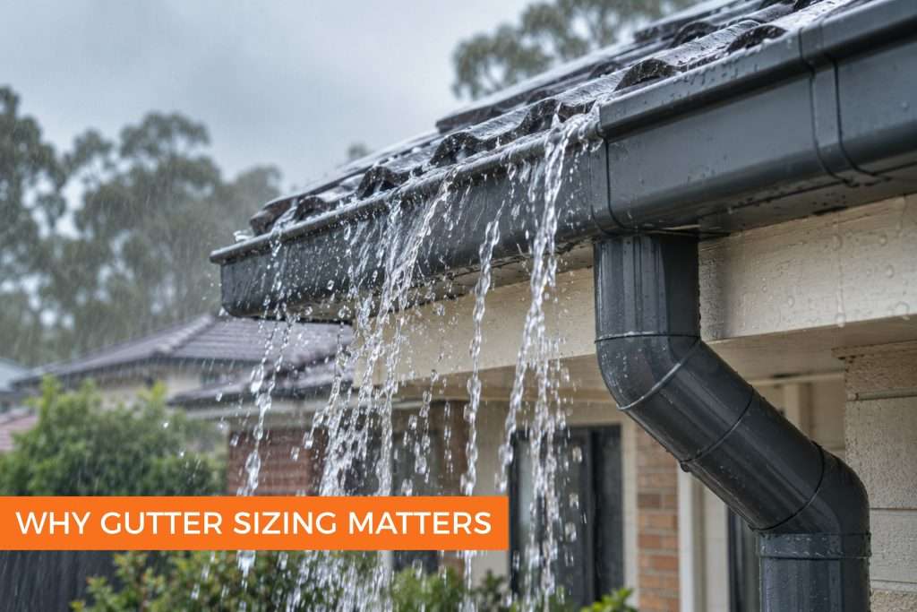 Rainwater overflowing from an undersized gutter on a Melbourne suburban home during a heavy storm.