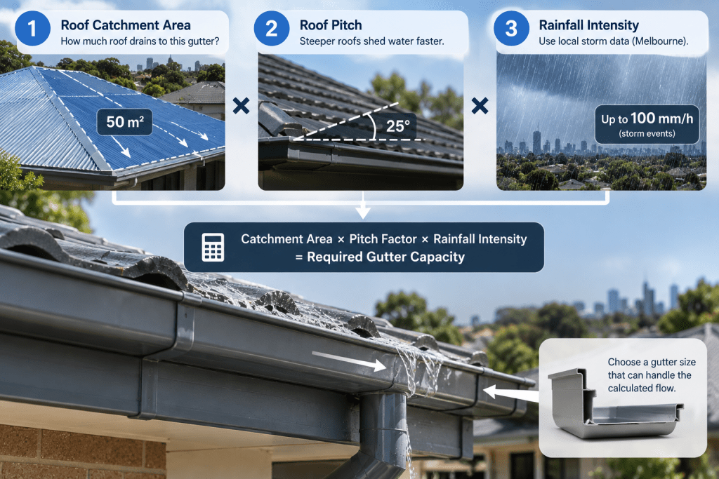 Realistic infographic showing roof catchment area, roof pitch and rainfall intensity as factors used to determine gutter capacity.