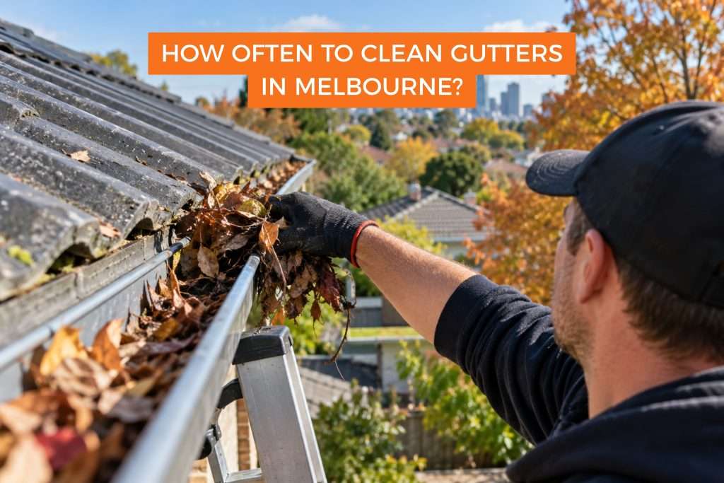 Realistic Melbourne suburban home with a roof plumber cleaning gutters, surrounded by mature trees and autumn leaves, illustrating the importance of regular gutter maintenance.