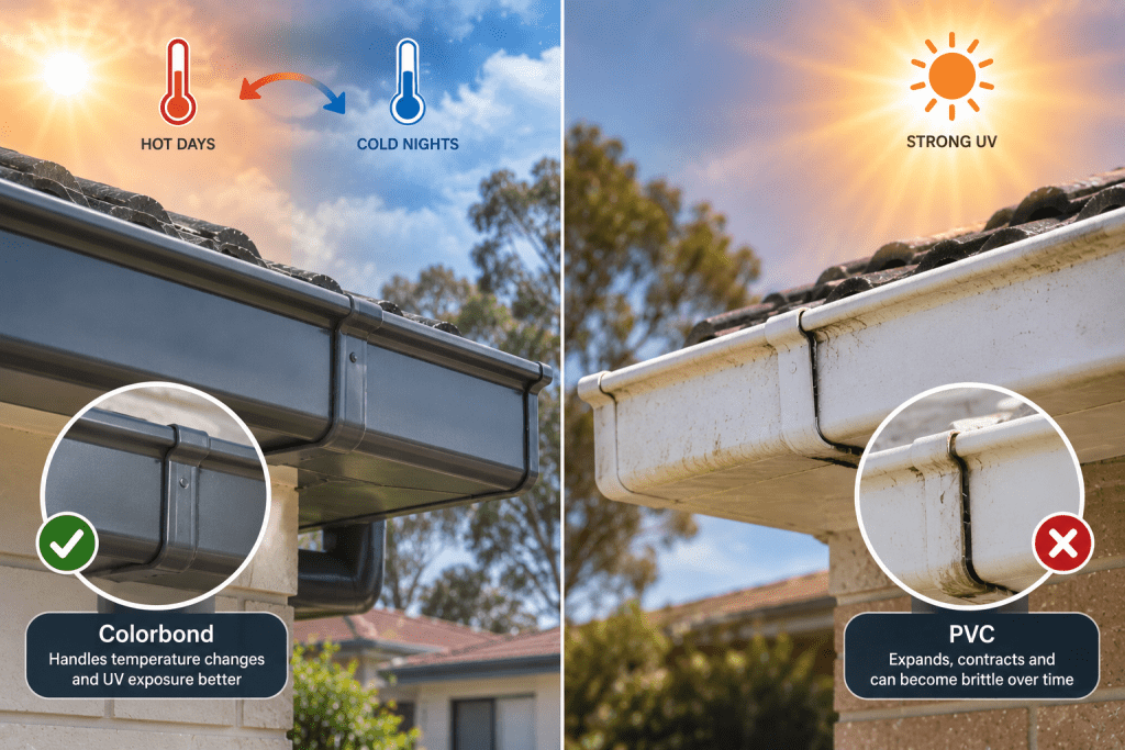 Realistic split-screen graphic comparing Colorbond and PVC gutters under Melbourne's hot days, cold nights and strong UV exposure, with close-up views of their joints.