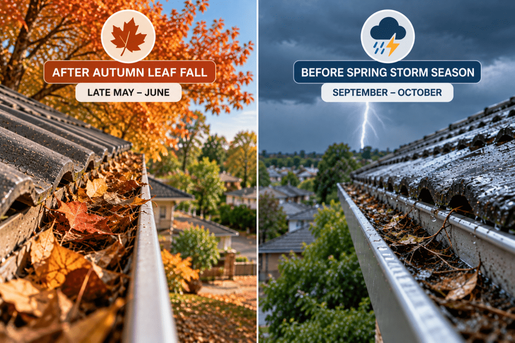 Split-screen realistic photo of a Melbourne suburban gutter filled with autumn leaves on the left and a rain-soaked gutter with twigs and debris on the right, illustrating the two key seasonal cleaning windows.