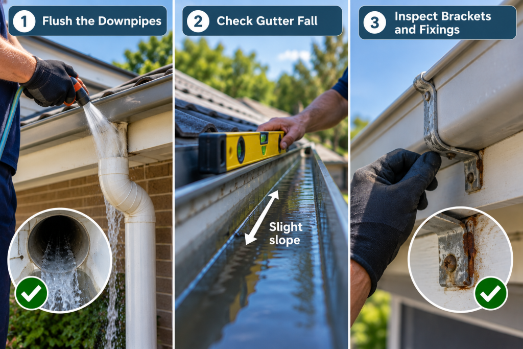 three professional gutter maintenance checks for downpipes gutter fall and brackets