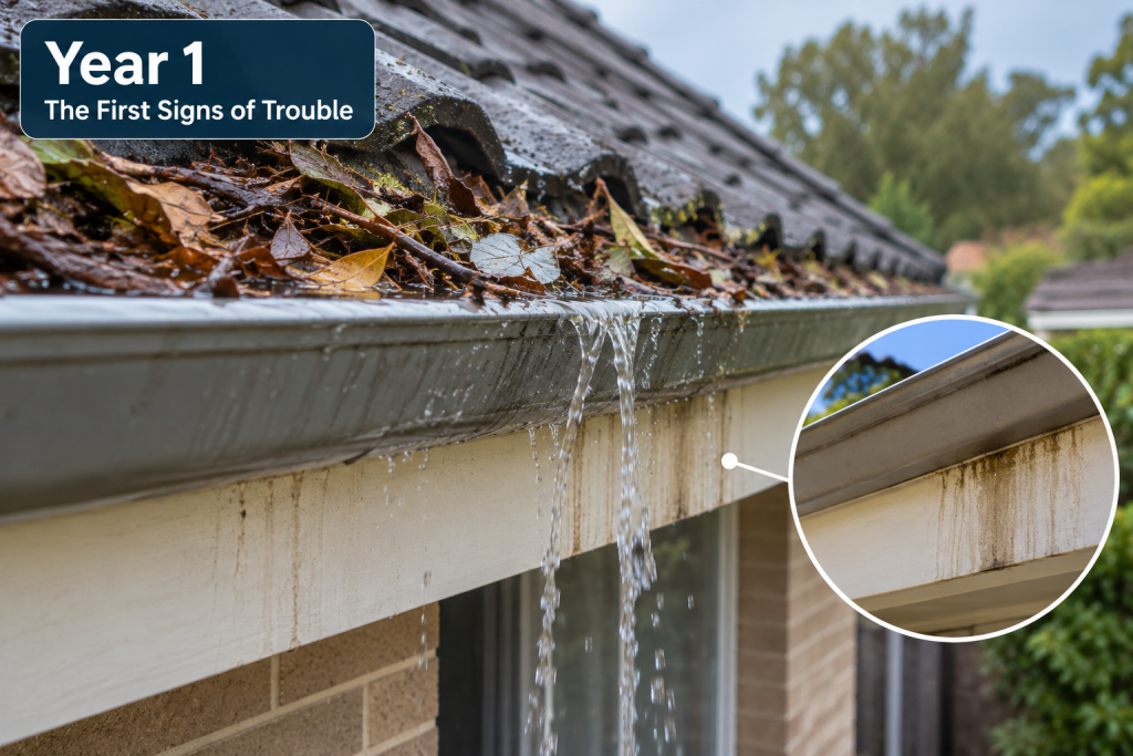 year one blocked gutter with leaf buildup water overflow and fascia staining