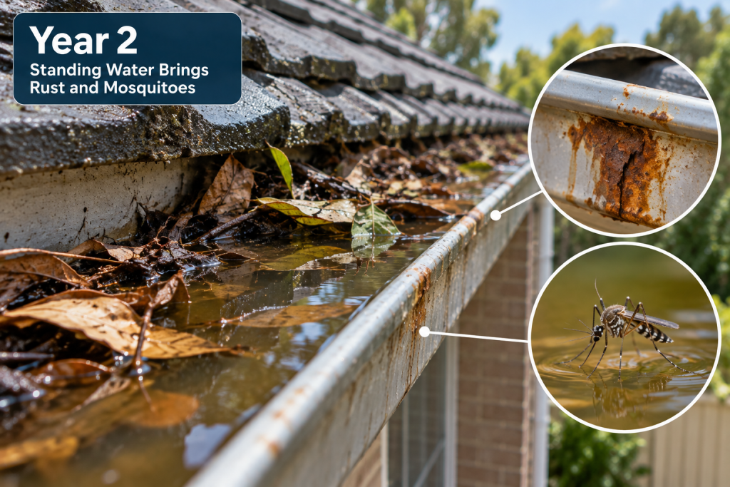 year two blocked gutter with standing water rust and mosquitoes