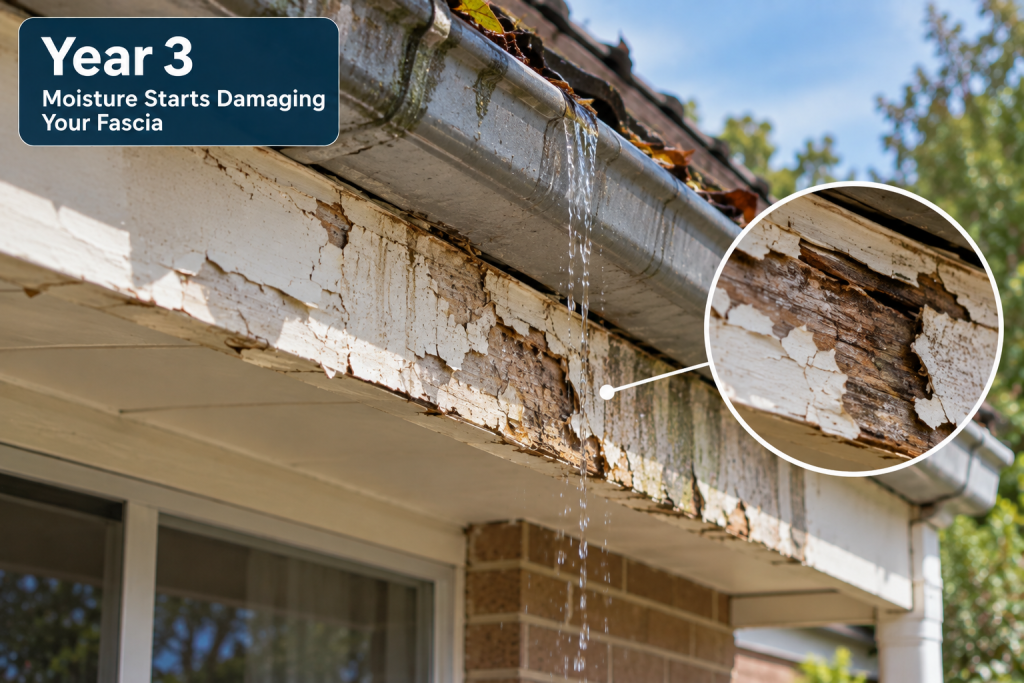 year three gutter overflow causing peeling paint and fascia damage