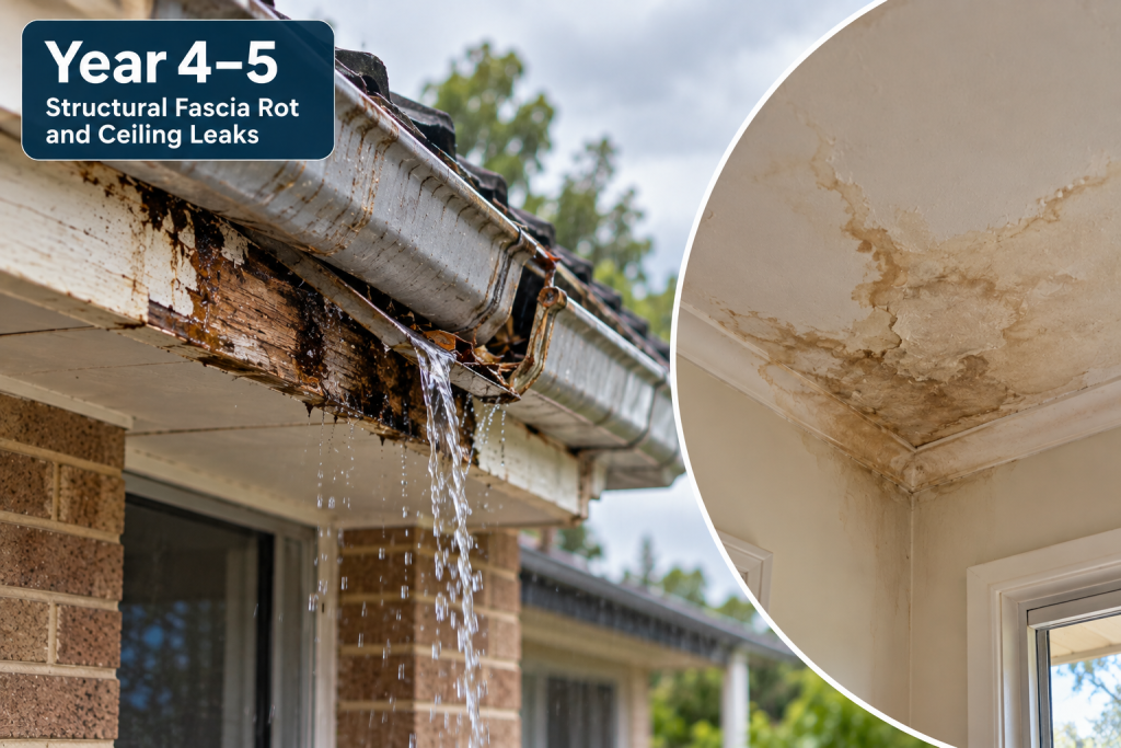 year four to five gutter damage causing fascia rot and ceiling water stains